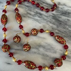 Glass bead necklace & earrings bright Xmas colors